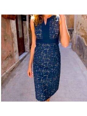 Boden Sleeveless Sheath Dress US 4L UK 8L Blue Cream Cracked Print Empire Waist